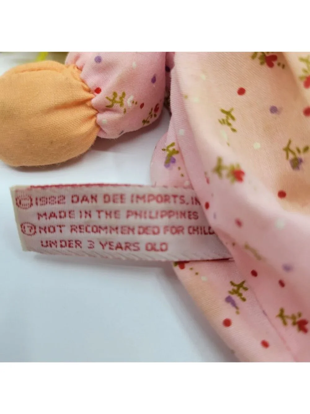 Dan Dee Happy Sad Cloth Rag Doll Vintage 1982 Pink Floral Dress & Bonnet Yarn Ha